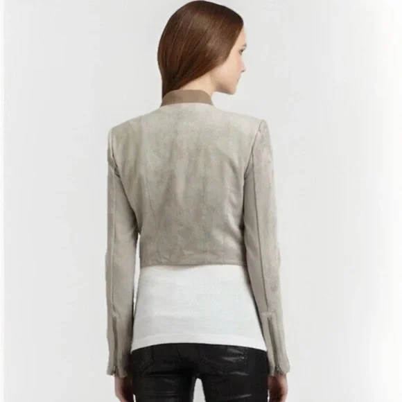 BCBG Maxazria Long Sleeve Sloan Faux Suede Cropped Moto Jacket Gray Tan Medium‎ - Picture 2 of 16